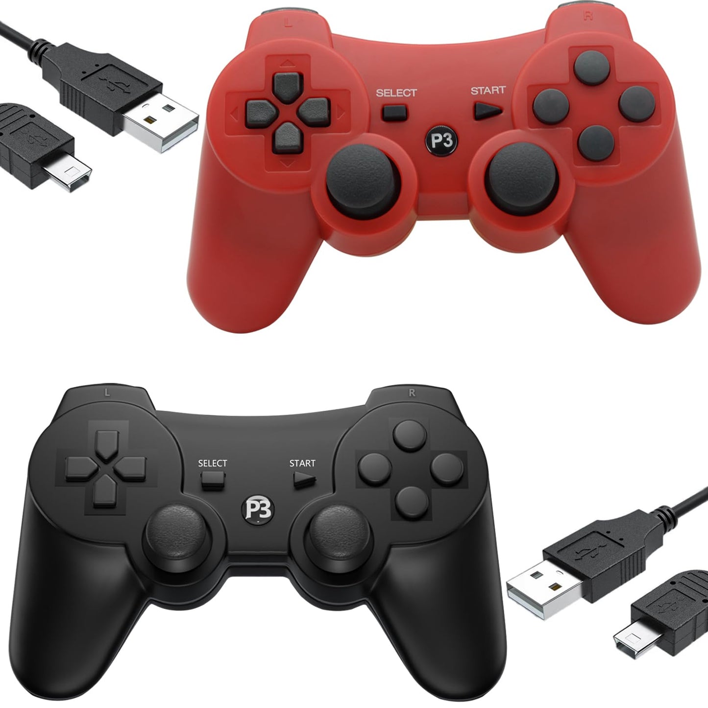 Eagolloar Wireless Controller 2 Pack for PS3 Dual Analog Bluetooth Rechargeable Game Controller for PS3 with Charging Cable Dual Vibration- Red and Black