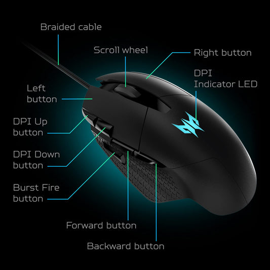 Acer Predator Cestus 315 Gaming Mouse - PixArt Sensor, Adjustable DPI, 8 Buttons, Pack of 1, Cestus 315 Model