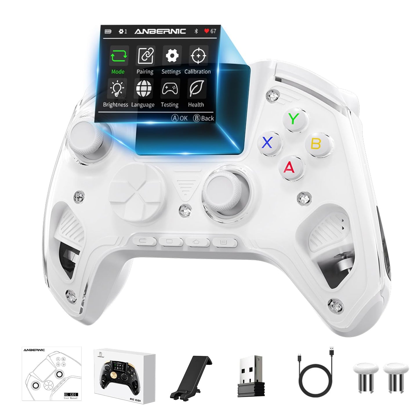 Doriteney RG G01 Wireless Gaming Controller with Heart Rate Monitor & Display Hall Effect Triggers Programmable Back Buttons for PC Switch Steam Android iOS - 2.4G/Bluetooth/Wired White