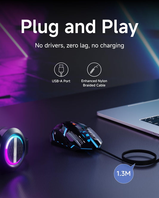 SEUNKWANG G10 Wired Gaming Mouse - RGB Backlit, 3200 DPI, Ergonomic, Quiet Clicks, Black & Orange, 6 Buttons, 4.2FT Cord