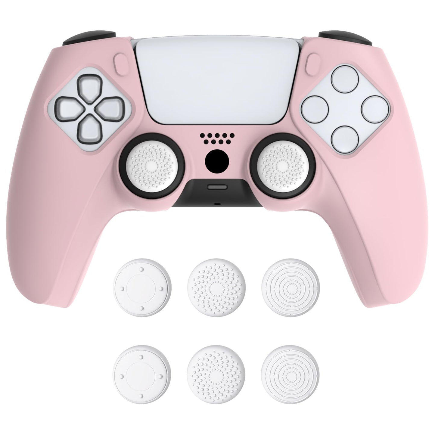 PlayVital Pure Series Dockable Model Anti-Slip Silicone Cover Skin for ps5 Controller Soft Rubber Grip Case for ps5 Controller Fits with Charging Station with Thumb Grip Caps - Cherry Blossoms Pink