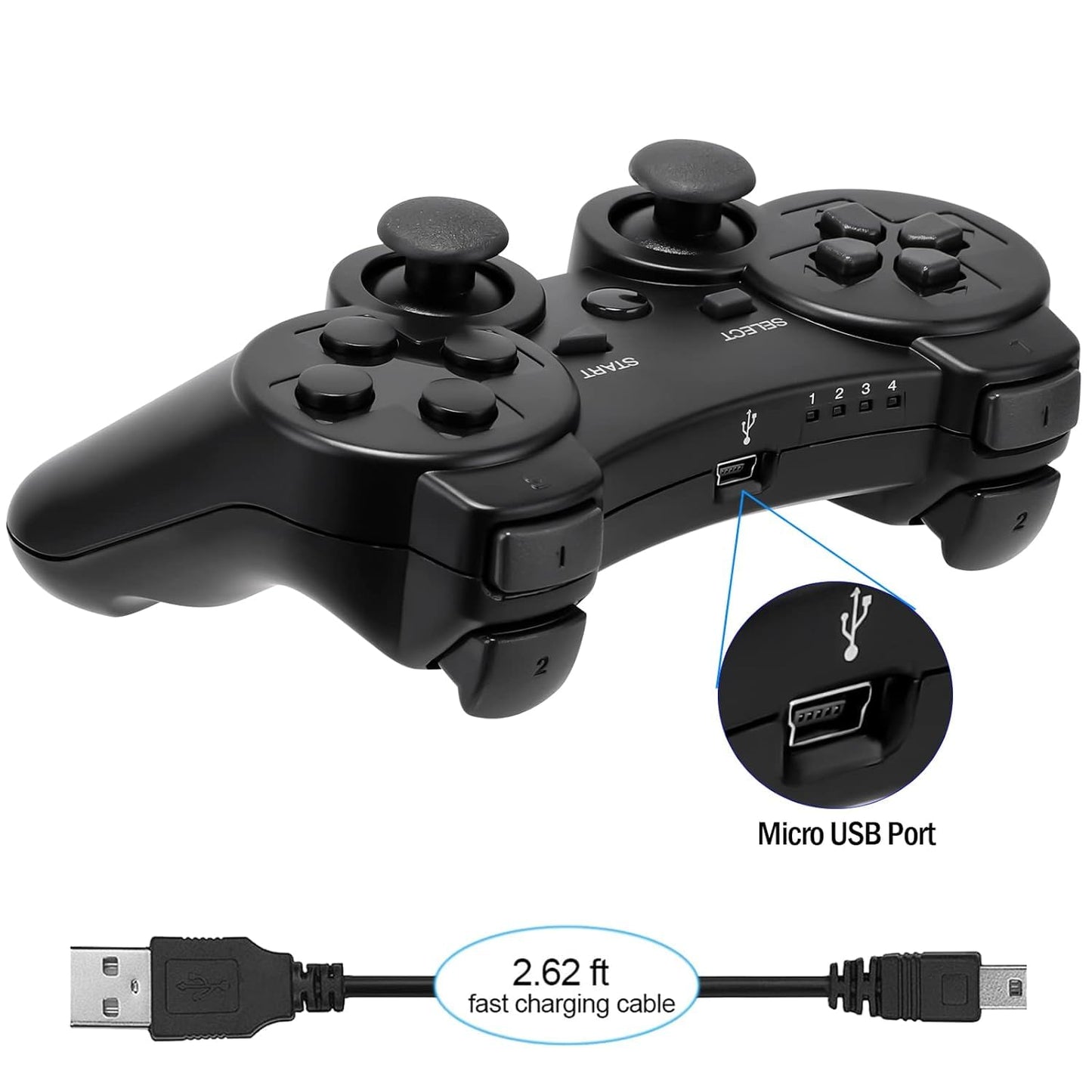 Diswoe Wireless Bluetooth Controller for PS3 - Black Gamepad with Charger Cable, Double Vibration, Model ET15551