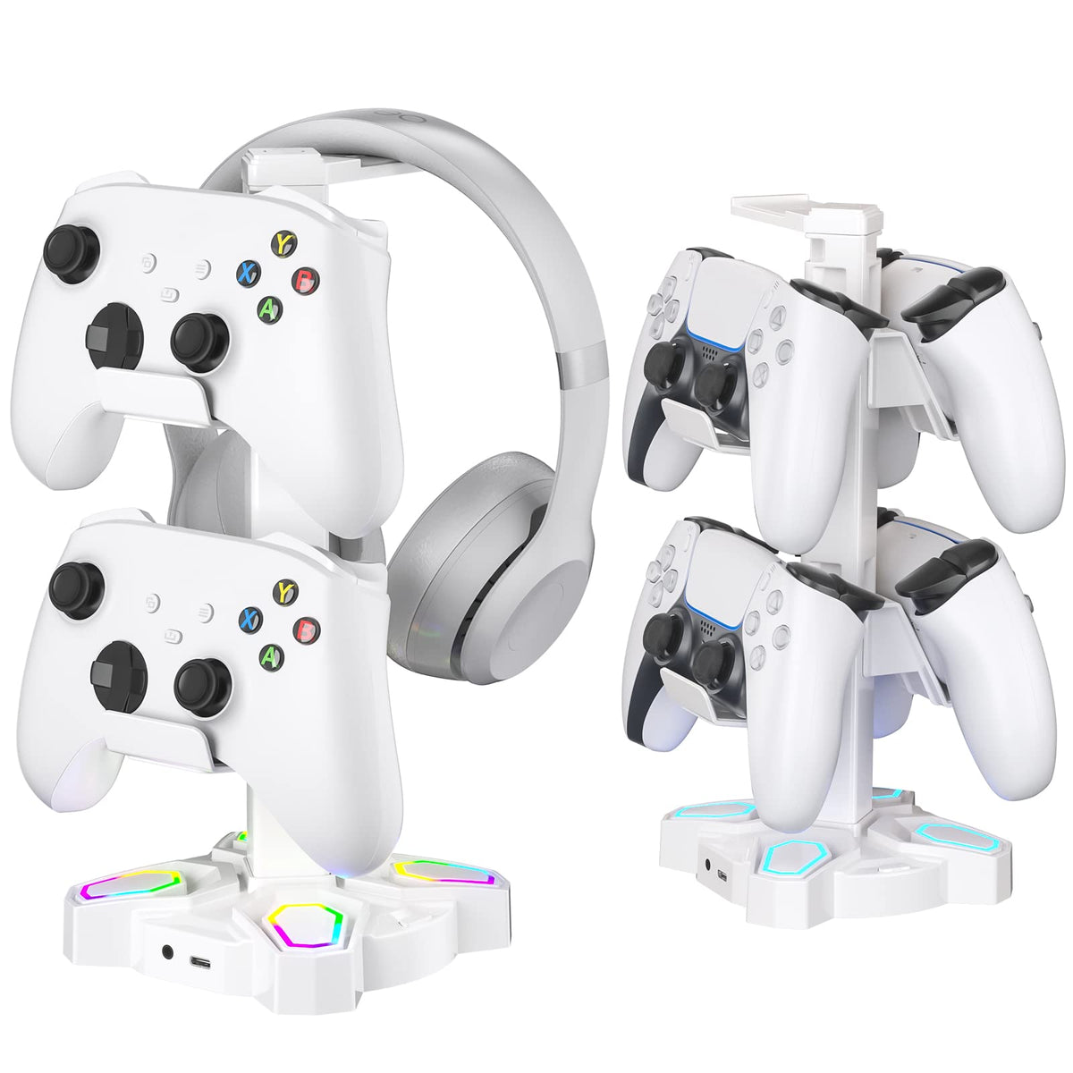 KDD Gaming Headphones Stand Rotatable Headset Stand with Light Modes - Controller Holder with 2 USB Charging Ports and 3.5mm - Earphone Hanger Accessories for Desktop Gamer(White)