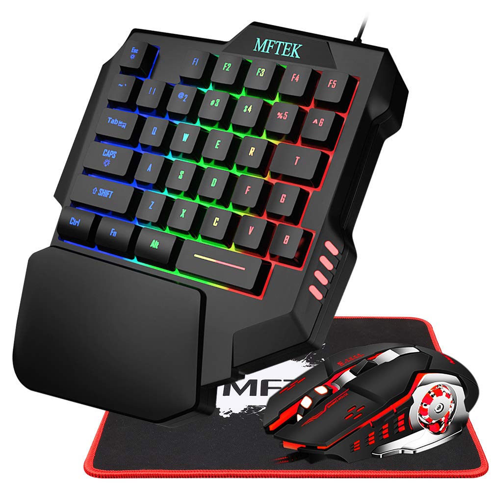 MFTEK One Hand Gaming Keyboard and Mouse Combo RGB Rainbow Backlit One-Handed Mechanical Feeling Keyboard with Wrist Rest Support USB Wired Keyboard Mouse and Mouse Pad Set for PC PS4 Gamer