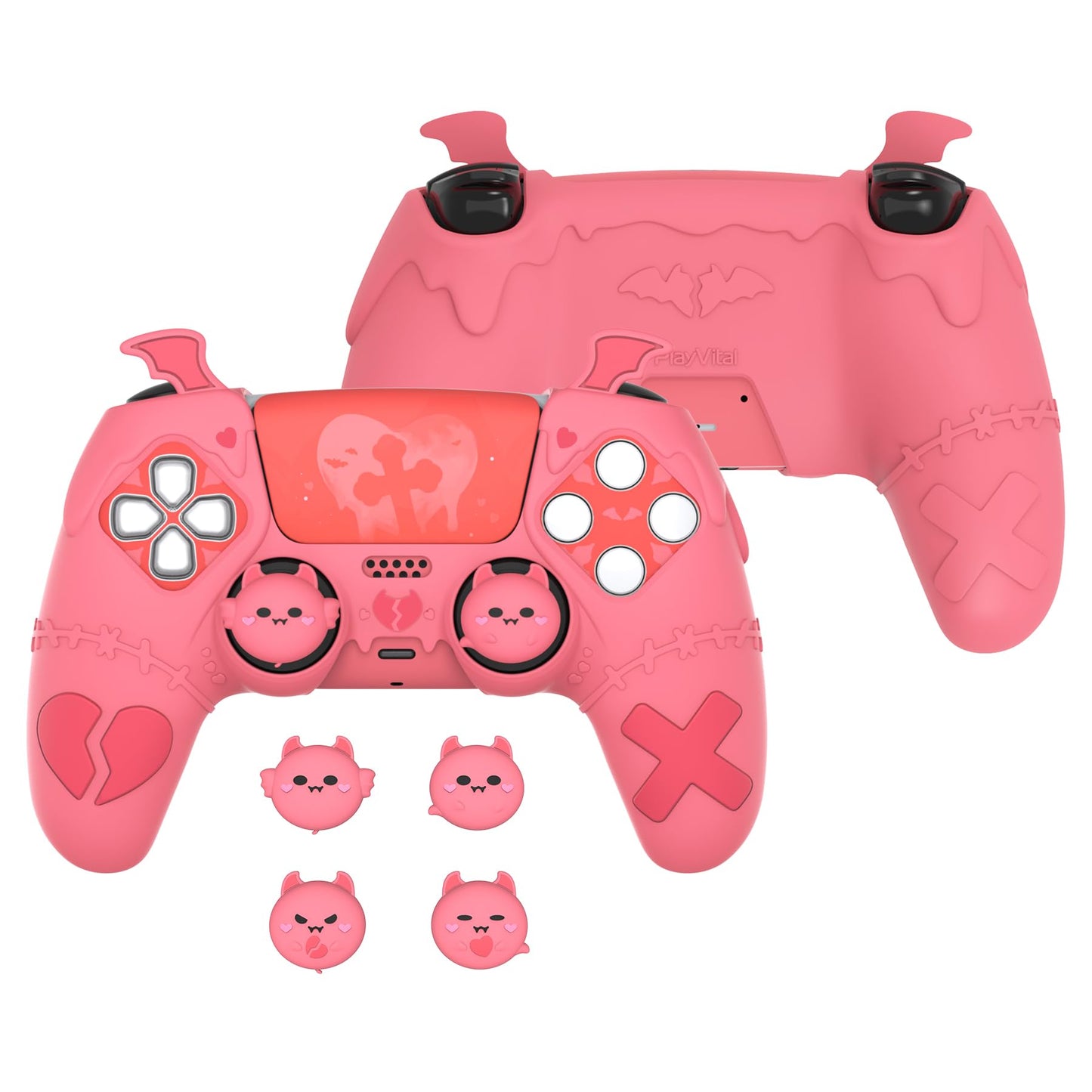 PlayVital Gothic Imp Series Cute Silicone Case for ps5 Controller with 4 Thumb Grips and 6 Stickers Anti-Slip Silicone Skin Cover Compatible with ps5 Charging Station Peach Pink