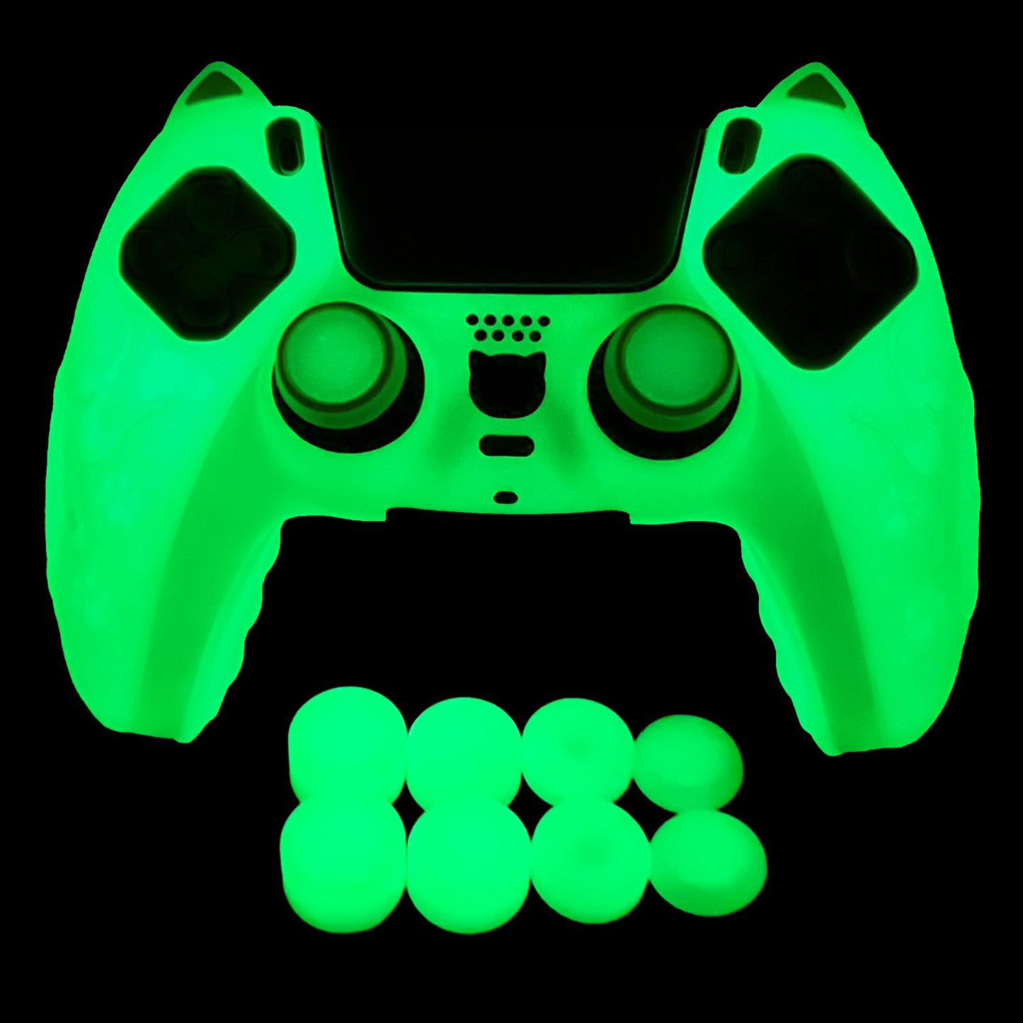 HLRAO Glow in The Dark PS5 Controller Skin Green Cute Cat Paw Silicone Cover Skins Compatible with PlayStation 5 Controller Include 8 PCS Thumb Grips Glow and 2 Grips Glow Accessories.