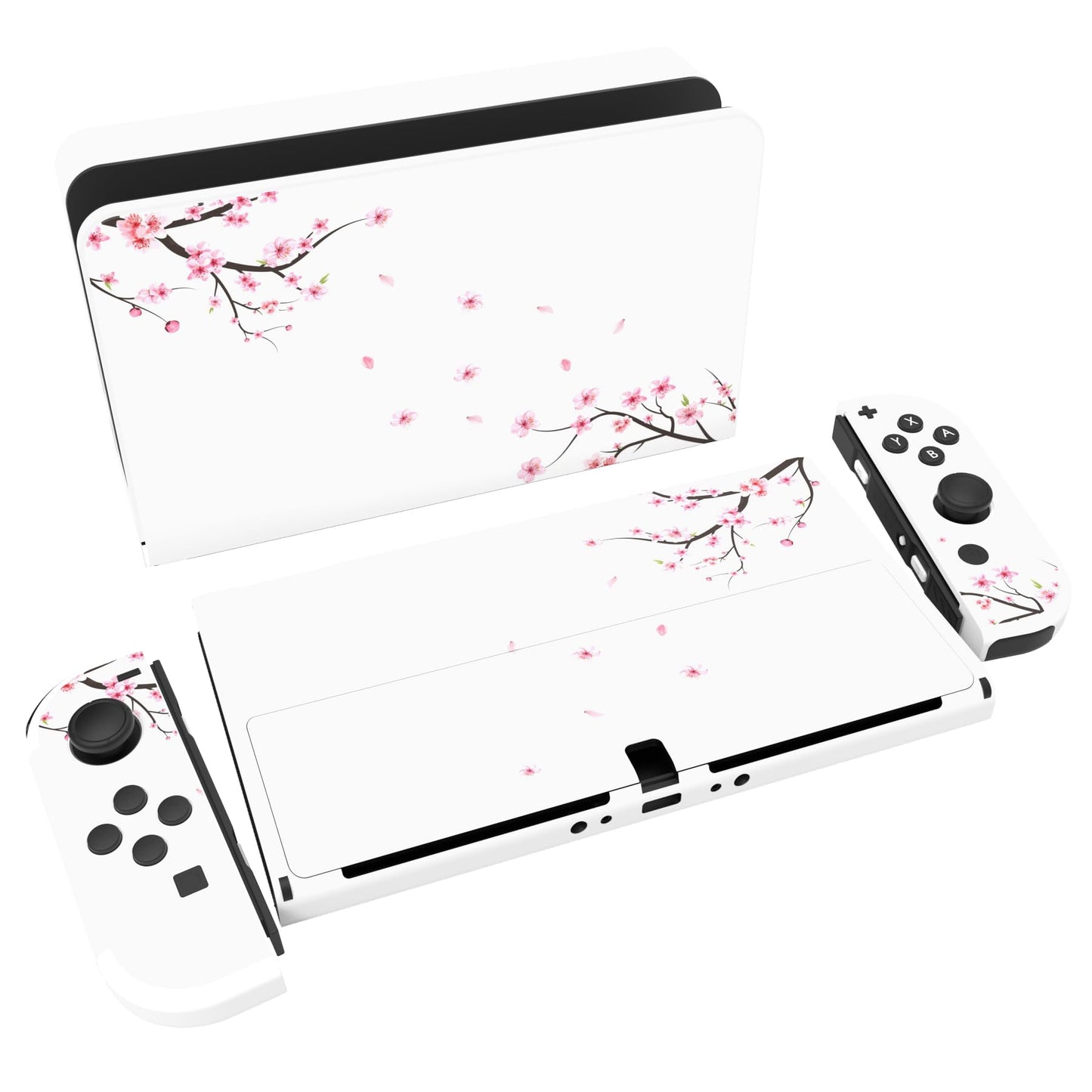 PlayVital Full Set Protective Stickers for Nintendo Switch OLED Model Customized Vinyl Decal Skins for Switch OLED Console & Joycon & Dock & Grip - Falling Cherry Blossom