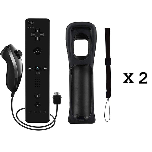 Burcica Wii Remote and Nunchuck Controller - Wireless, Black with Silicone Case & Wrist Strap