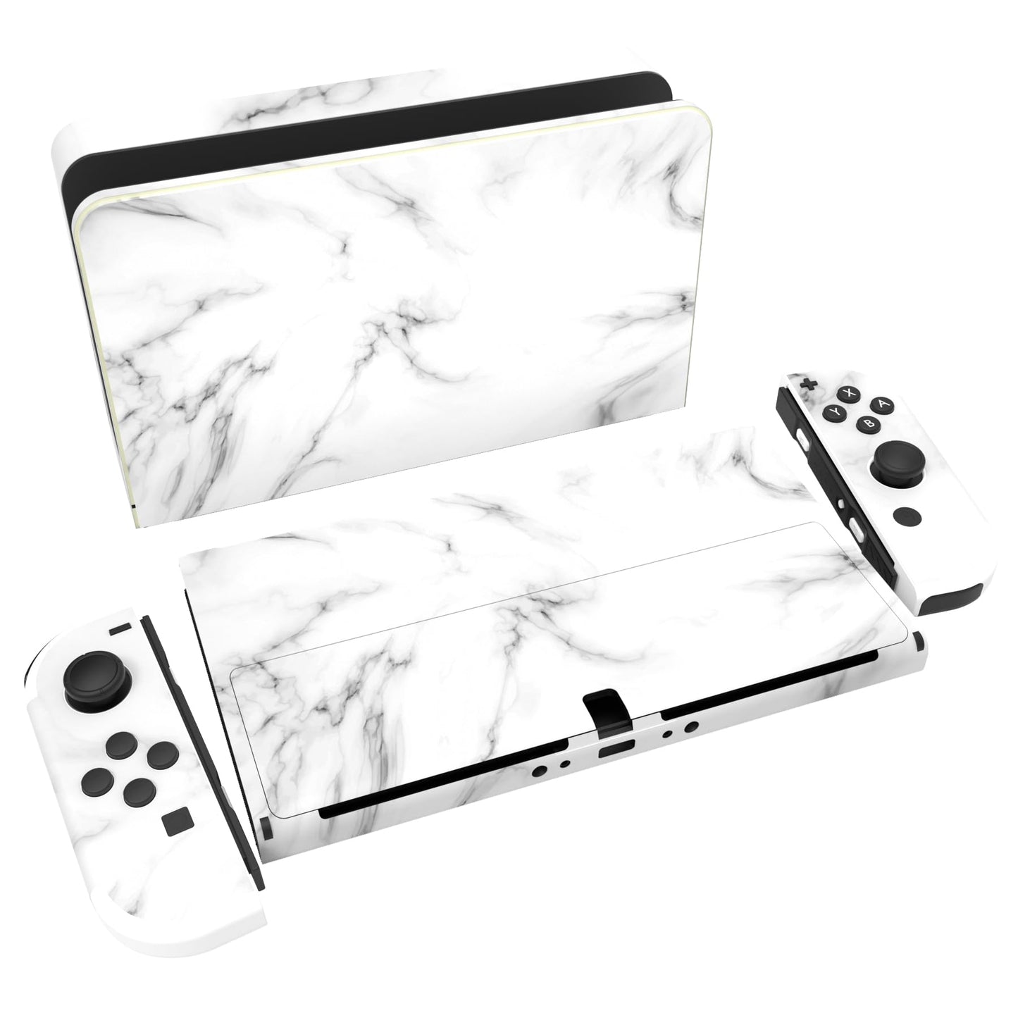 PlayVital Full Set Protective Stickers for Nintendo Switch OLED Model Customized Vinyl Decal Skins for Switch OLED Console & Joycon & Dock & Grip - Seamless White Marble