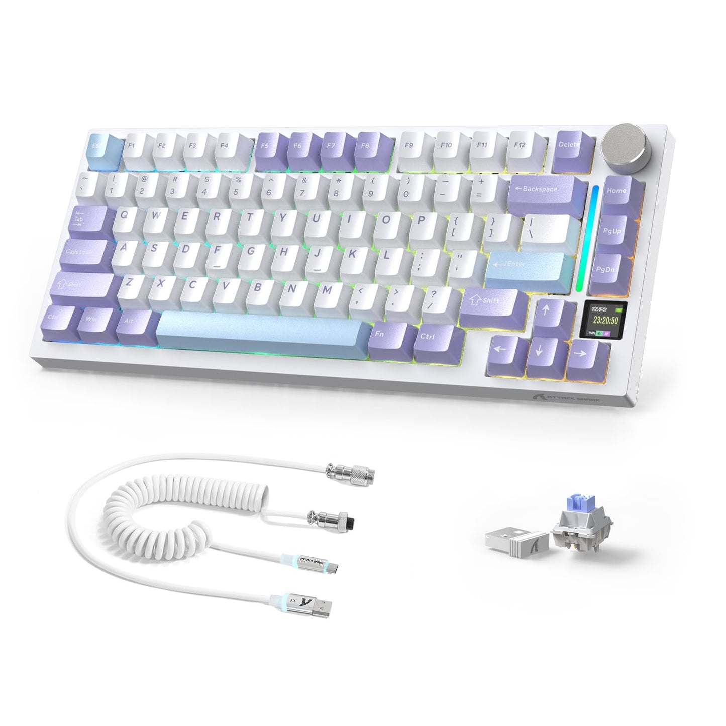 A.JAZZ Attack Shark X820Ultra 75% Wireless Mechanical Gaming Keyboard and Coiled Cable Hot Swappable 2.4GHz/Bluetooth/Wired Keyboard with Screen & Knob RGB Backlit Gasket Mount Shark Switch-Starwhite