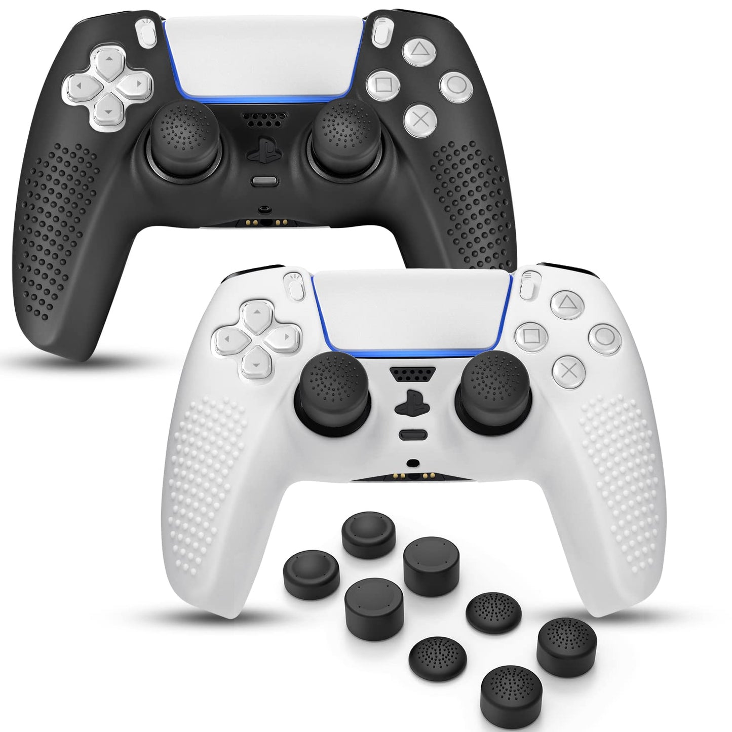 FAMOMI PS5 Controller Skin Anti-Slip Soft Silicone Protective Cover Case for PlayStation 5 Controller Grip Accessories 2 Pack with 8 x Thumb Grip Caps (Black&White)