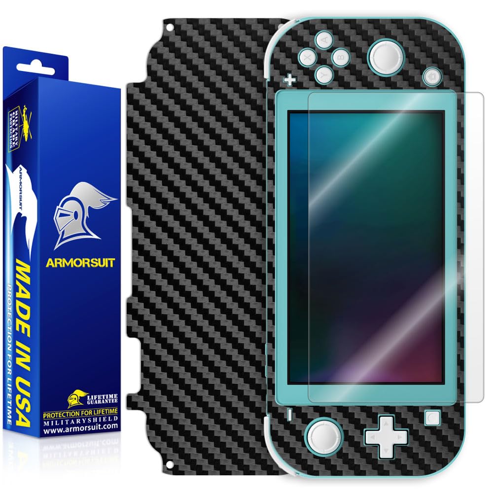 ArmorSuit MilitaryShield Black Carbon Fiber Skin Vinyl Wrap + HD Clear Screen Protector for Nintendo Switch Lite (2019) - Anti-B