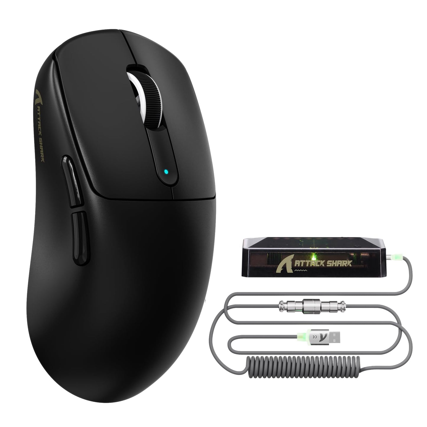 ATTACK SHARK V5 Wireless Gaming Mouse 55g Ultra-Lightweight PAW3950MAX 42K DPI Sensor 8000Hz Polling Rate Tri-Mode-Bluetooth/2.4Ghz/Wired Mice with Coiled Cable for Large Hand-Black