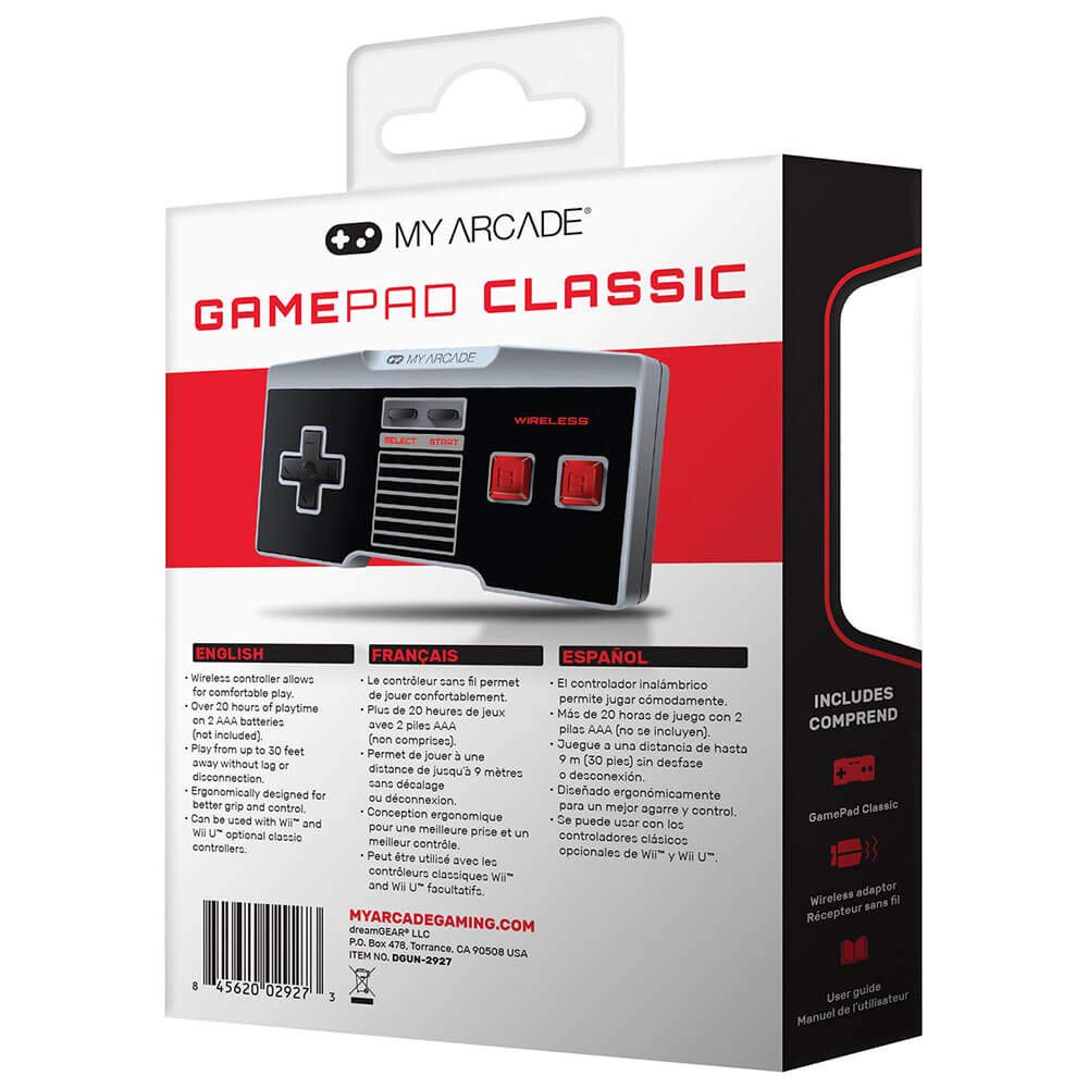 My Arcade Wireless GamePad Classic - Game Controller for NES/Wii/Wii U - 30ft Range - Ergonomic Design - Black/Gray/Red - Model DGUN-2927