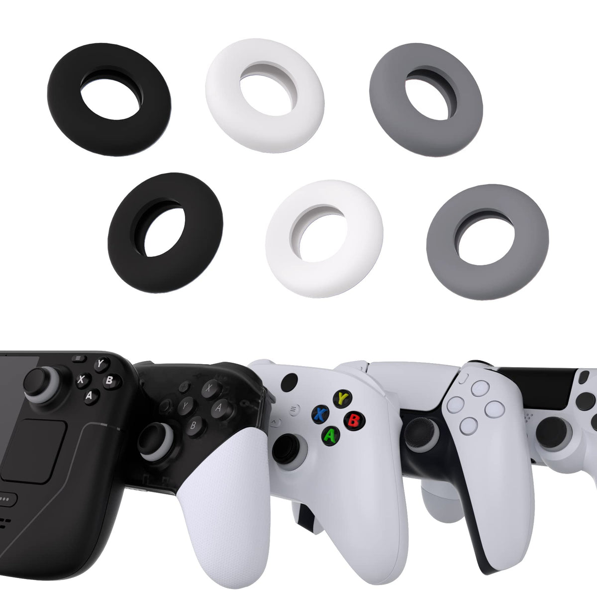 PlayVital 3 Pairs Silicone Aim Assist Target Motion Control Precision Rings for PS5 for PS4 for Xbox Series X/S Xbox One Xbox 360 for Switch Pro for Steam Deck - Gray & Black & White