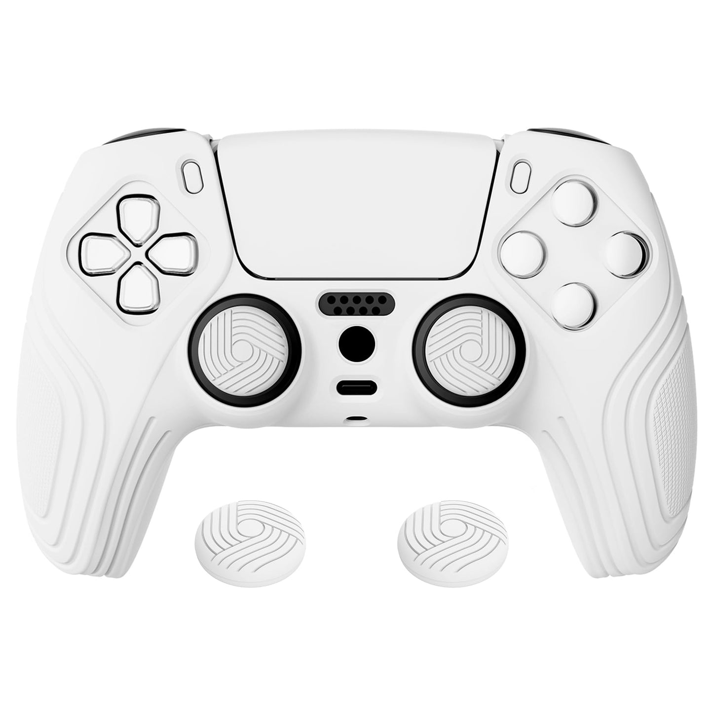 eXtremeRate PlayVital Samurai Edition White Anti-Slip Controller Grip Silicone Skin for ps5 Ergonomic Soft Rubber Protective Case for ps5 Controller with White Thumb Stick Caps