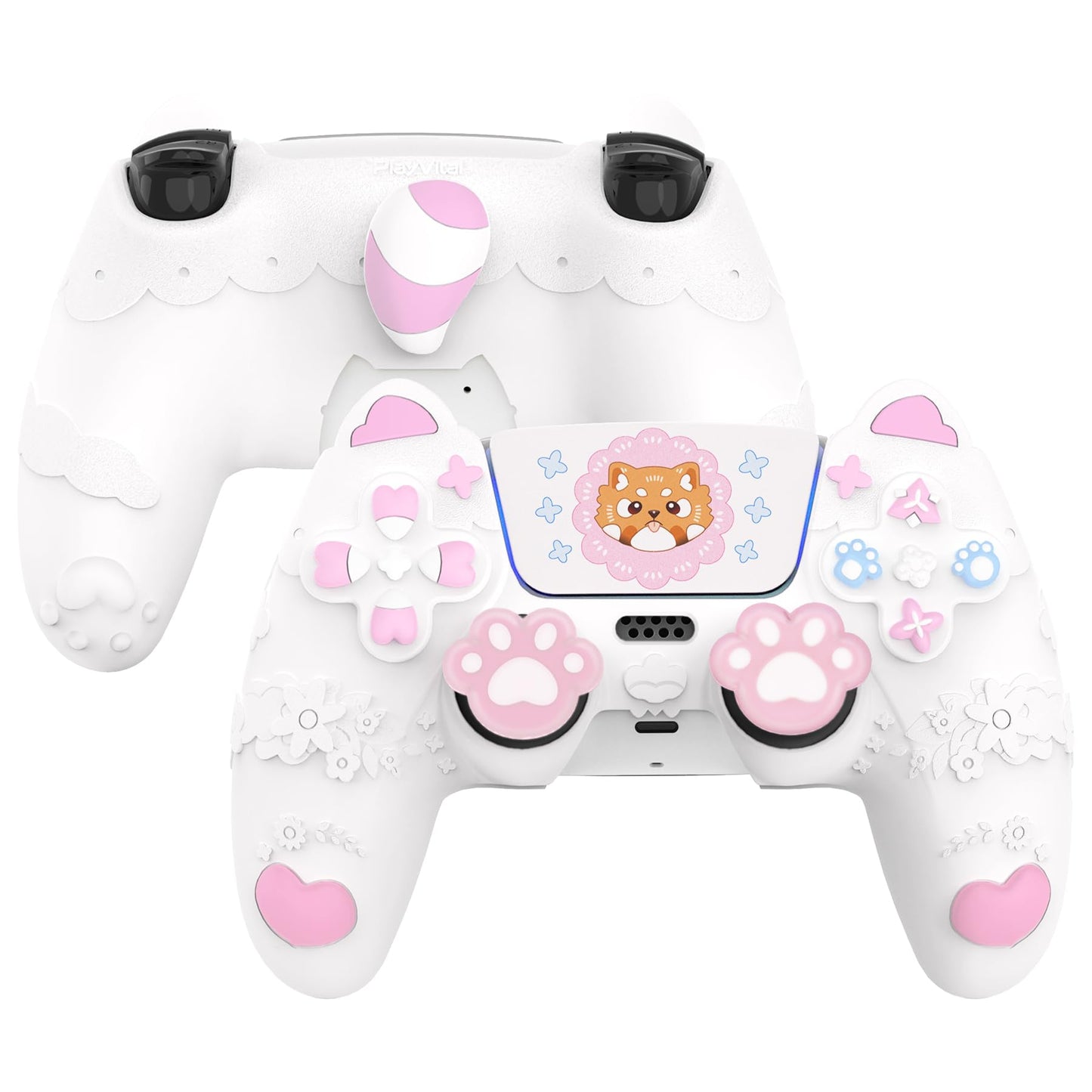 PlayVital for PS5 Controller Skin Cover - Cute Spring Lesser Panda Silicone Case for PS5 Controller with Thumbstick Caps & Sticker - Full Protection Anti-Slip Charging Dock Compatible - White