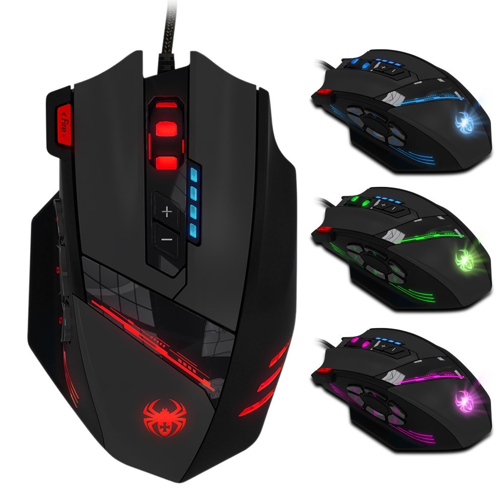 zelotes Professiona Wired Gaming Mouse 4800 DPI 12 Programmable Buttons Weight Tuning High Precision Multi-Modes Backlit Ergonomic Design USB Optical Mouse Mice for Laptop PC Mac Black