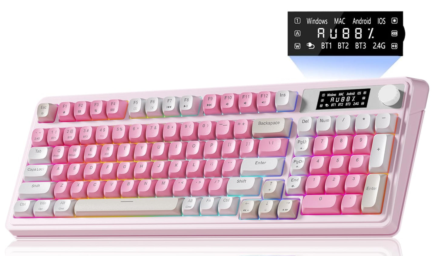 AULA S99pro Wireless Gaming Keyboard Tri-Mode Computer Keyboard with Number Pad RGB Backlit Media Knob Programmable Creamy Keyboard - Pink