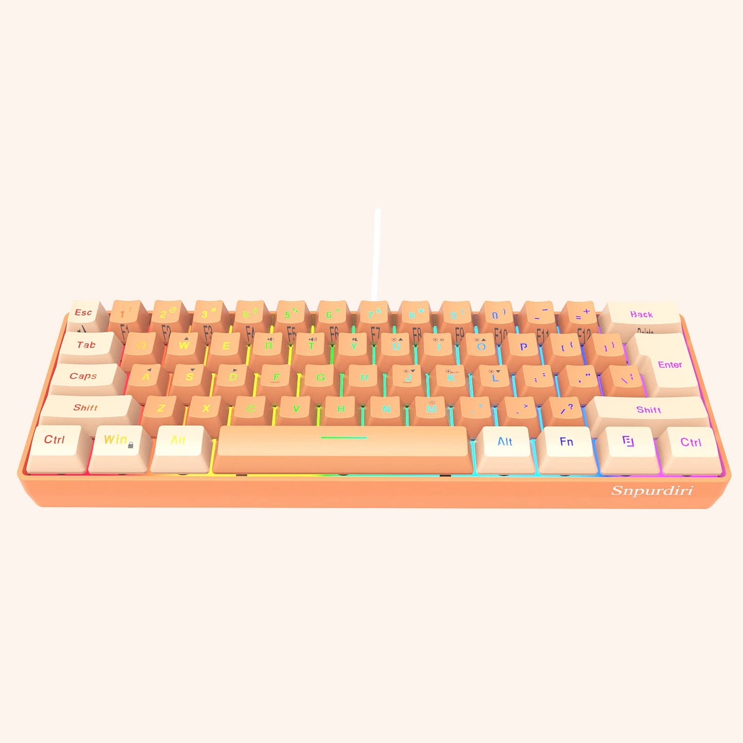 Snpurdiri 60% Wired Gaming Keyboard RGB Backlit Ultra-Compact Mini Gaming Keyboard for PC/Mac Gamer Typist Travel (Cream and Orange)