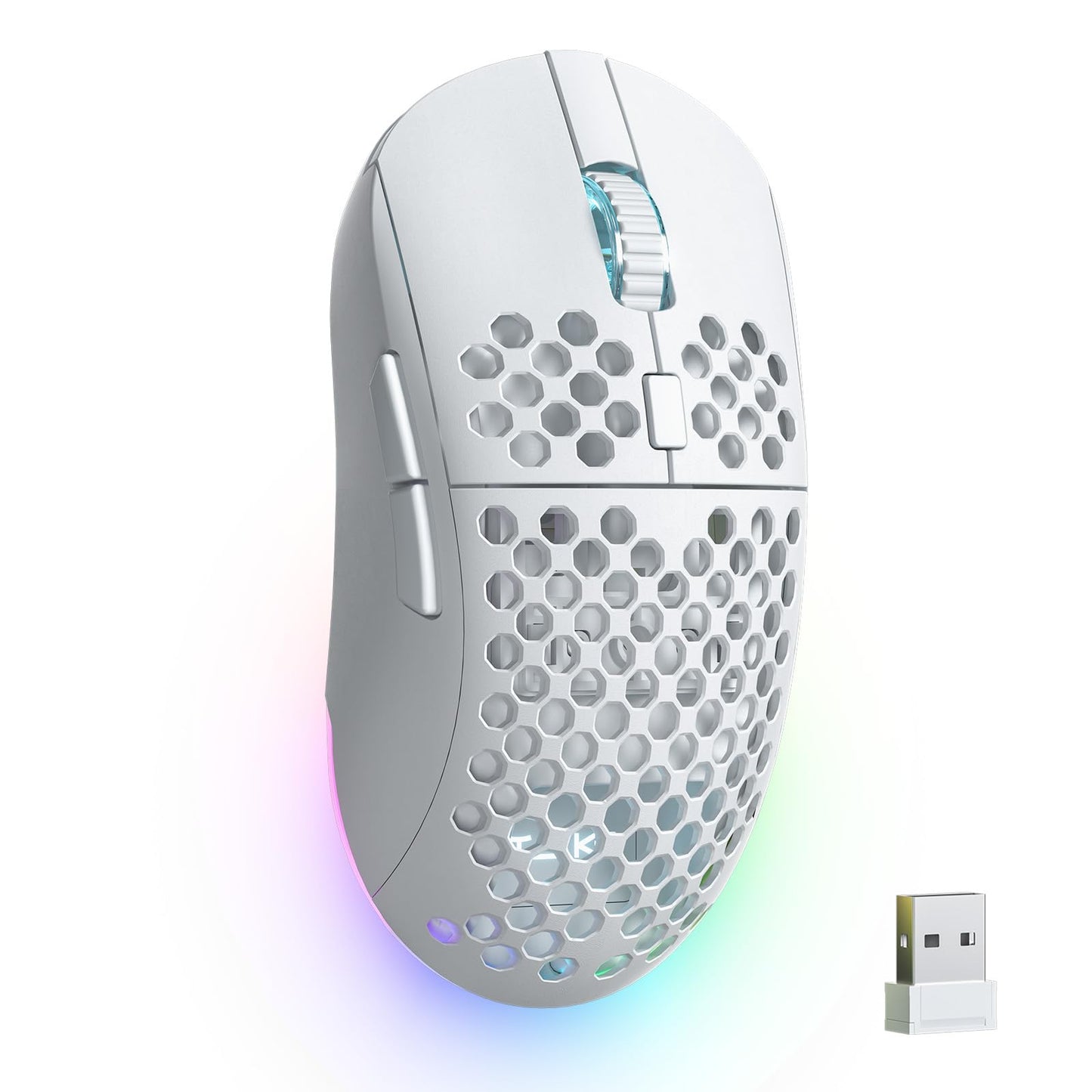 TMKB Wireless Gaming Mouse 24000DPI Optical Sensor 180Hrs Battery Lightweight 6 Programmable Buttons RGB Strip 2.4G/BT5.2/USB-C Wired for PC/Mac/Laptop - Matte White