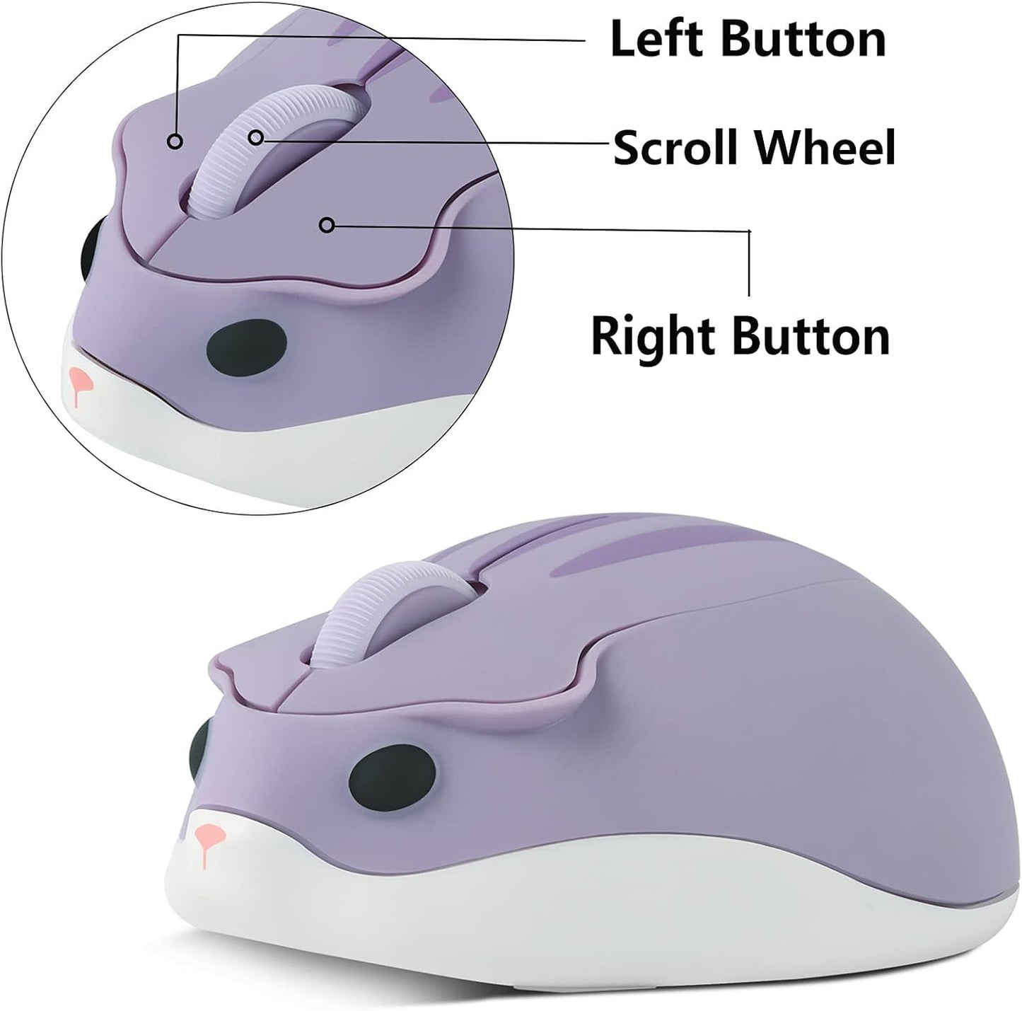 SHARE SUNSHINE Wireless Mouse - Cute Hamster Shape, 1200DPI, Portable, Pale Purple, Cordless for PC/Laptop/Notebook, Ideal Gift for Kids and Adults