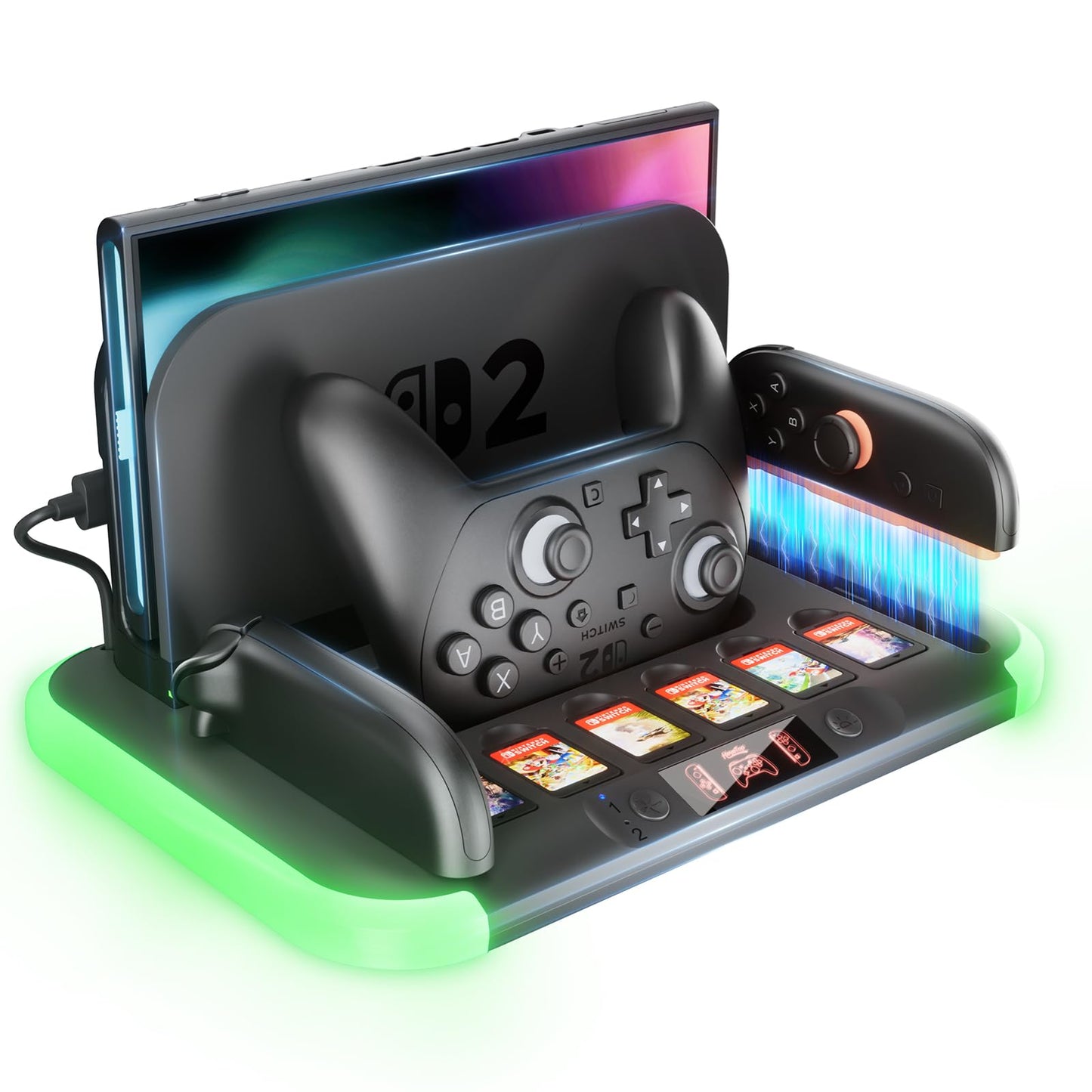 Switch 2 Charging Dock Station HEYSTOP Switch 2 Controller Charger for Switch 2 Pro Controller and Joy Cons with RGB Heat Dissipation Game Card Slot*6 Fast-Magnetic Charging Station Storage Organizer