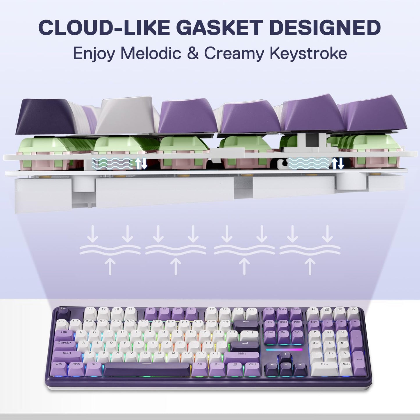 Redragon K745 PRO Wireless RGB Mechanical Gaming Keyboard, 108 Keys, Mint Mambo Switch, Charming Purple, Hot-Swap, Noise Dampening