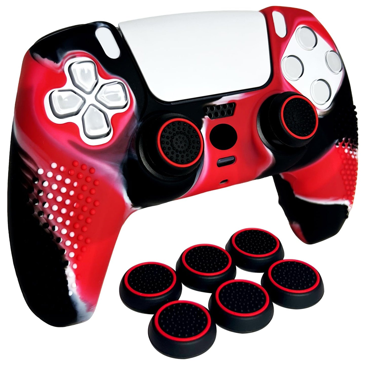HLRAO Anti-Slip Red&Black Controller Skin Studded Edition Protective Silicone Cover Skin Grips Compatible with PS5/Slim/Pro Controller and 6 PCS Thumb Grips Caps.