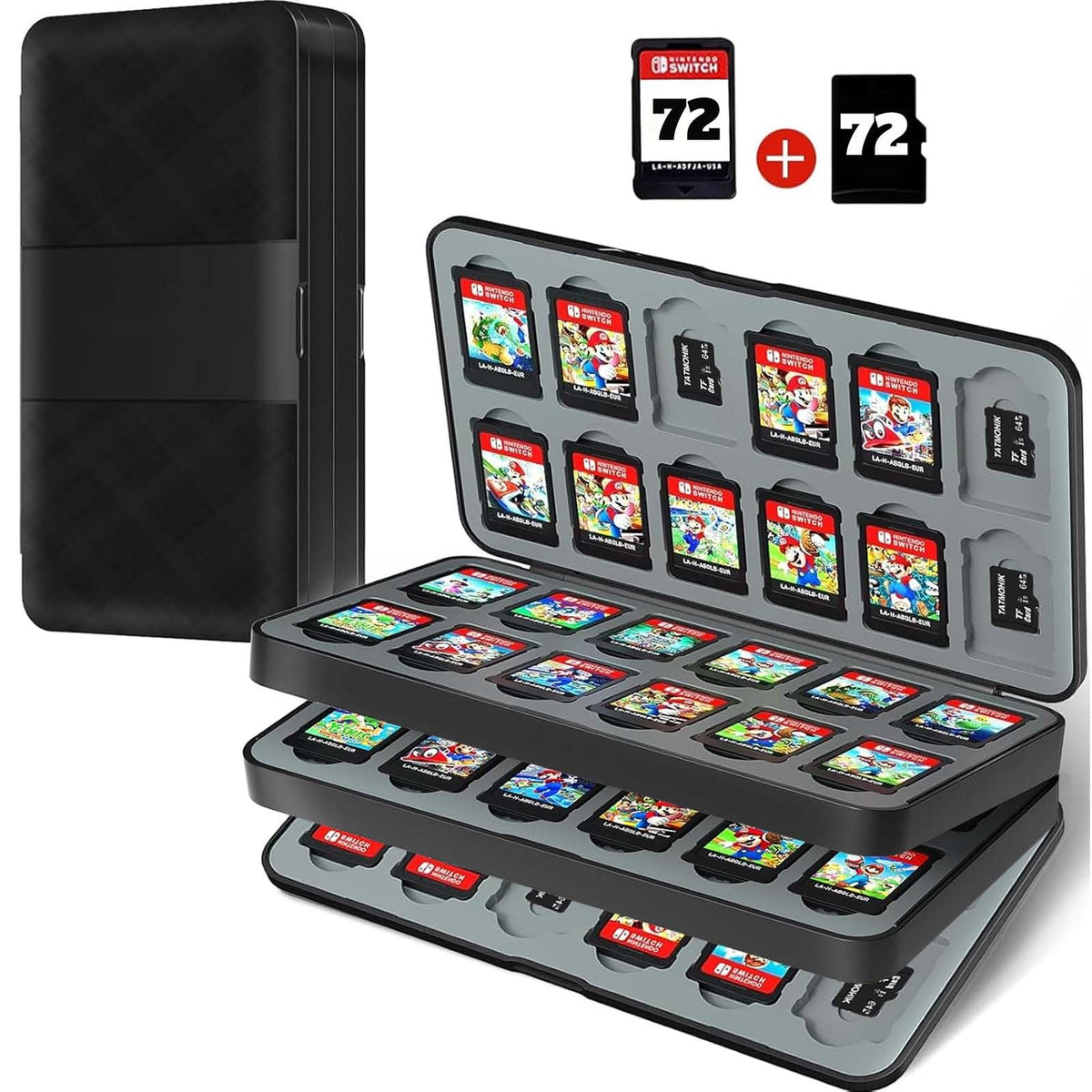 TATMOHIK Switch Game Case for 72 Nintendo Switch Games card & 72 Micro SD Cards Nintendo Switch Game Holder refill unit with 72 sections Compact & Portable Game Storage Case Box(Black)