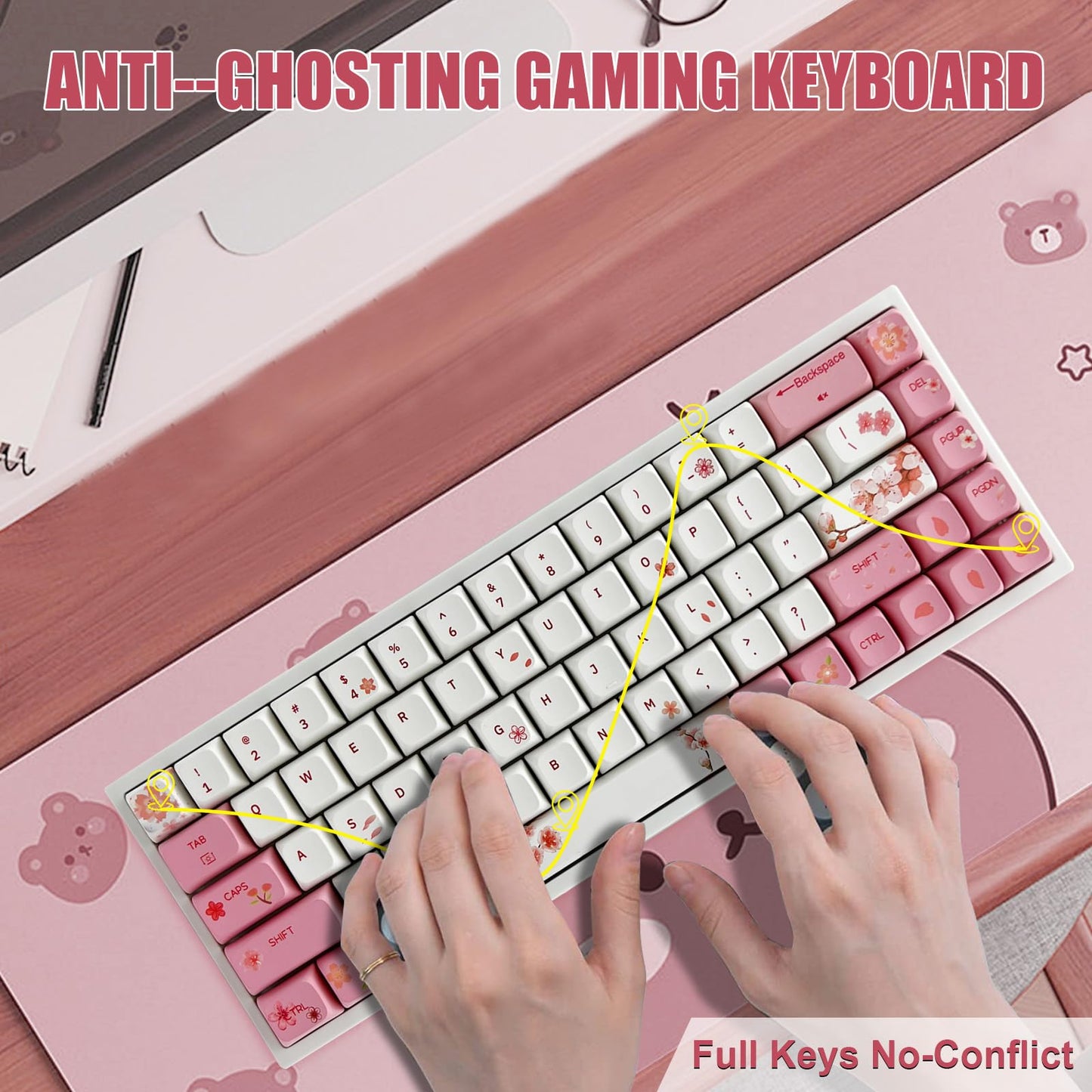 ZMX WK68 Cherry Blossom Pink 65% Mechanical Gaming Keyboard - Mini Hot Swap Tri-Mode BT/2.4G/Type-C, Yellow Switch, Dye-Sub PBT XDA Key