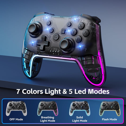 Comdigio Wireless Controller for Switch/Lite/OLED/PC/Android - Ergonomic Gamepad, 7 Color RGB Lighting, Turbo/Vibration Adjustment, Black