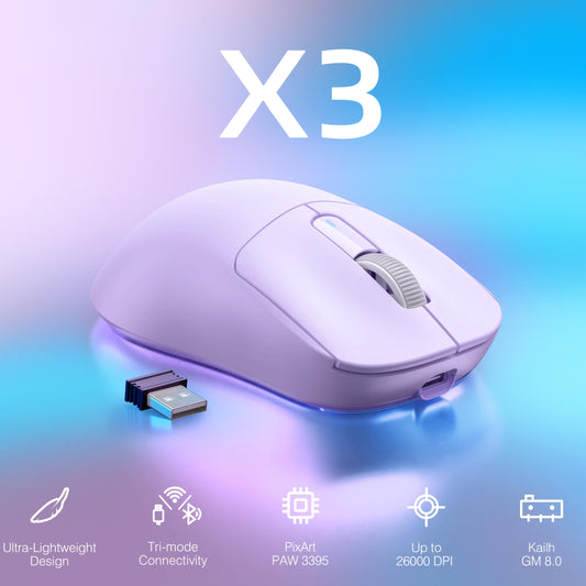 ATTACK SHARK X3 Lightweight Wireless Gaming Mouse - Tri-Mode 2.4G/USB-C/Bluetooth, Up to 26K DPI, Purple