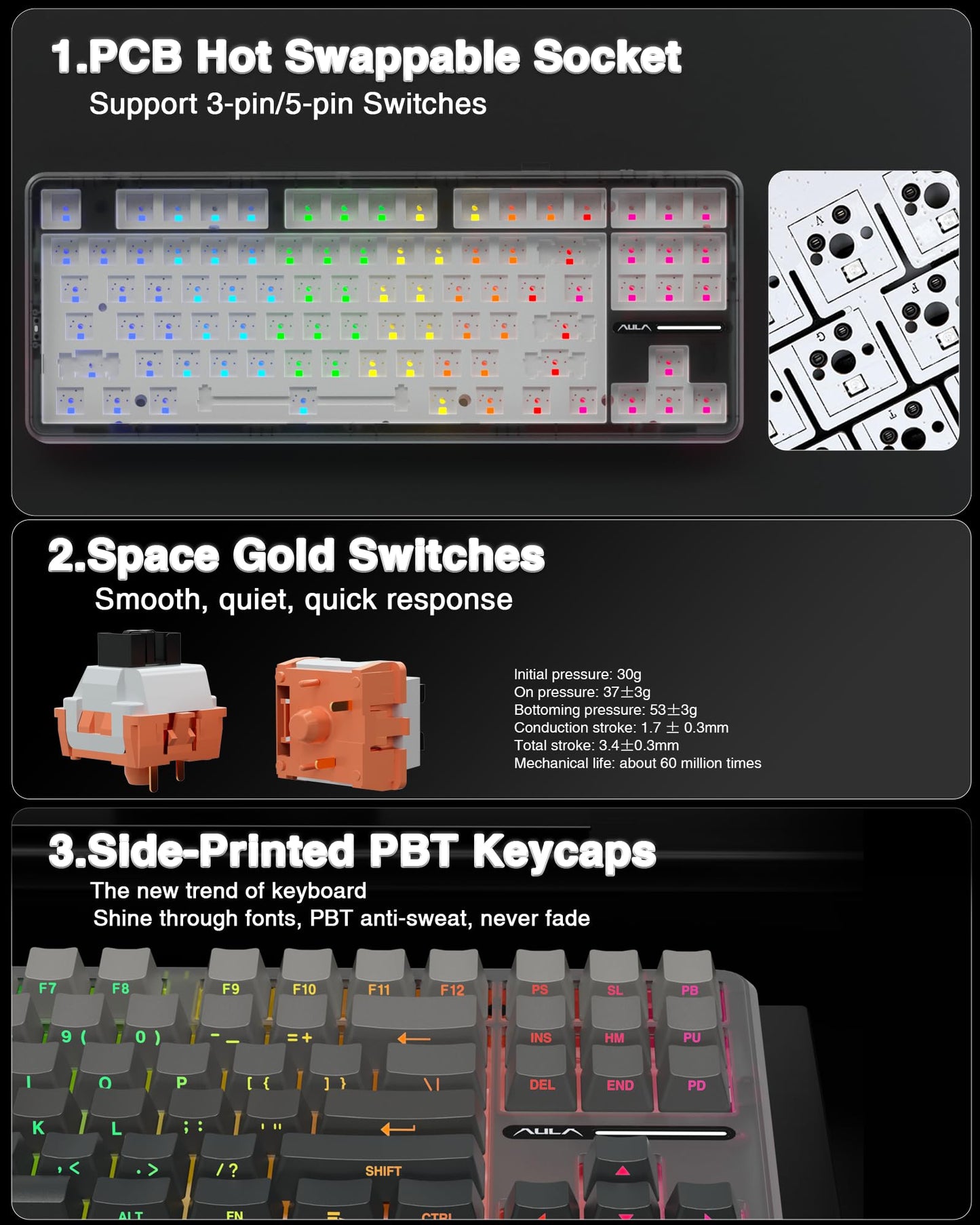 AULA F87 Pro Wireless Mechanical Keyboard - Tri-Mode BT5.0/2.4GHz/USB-C, Hot Swappable, RGB Backlit, Black, 75% TKL Design