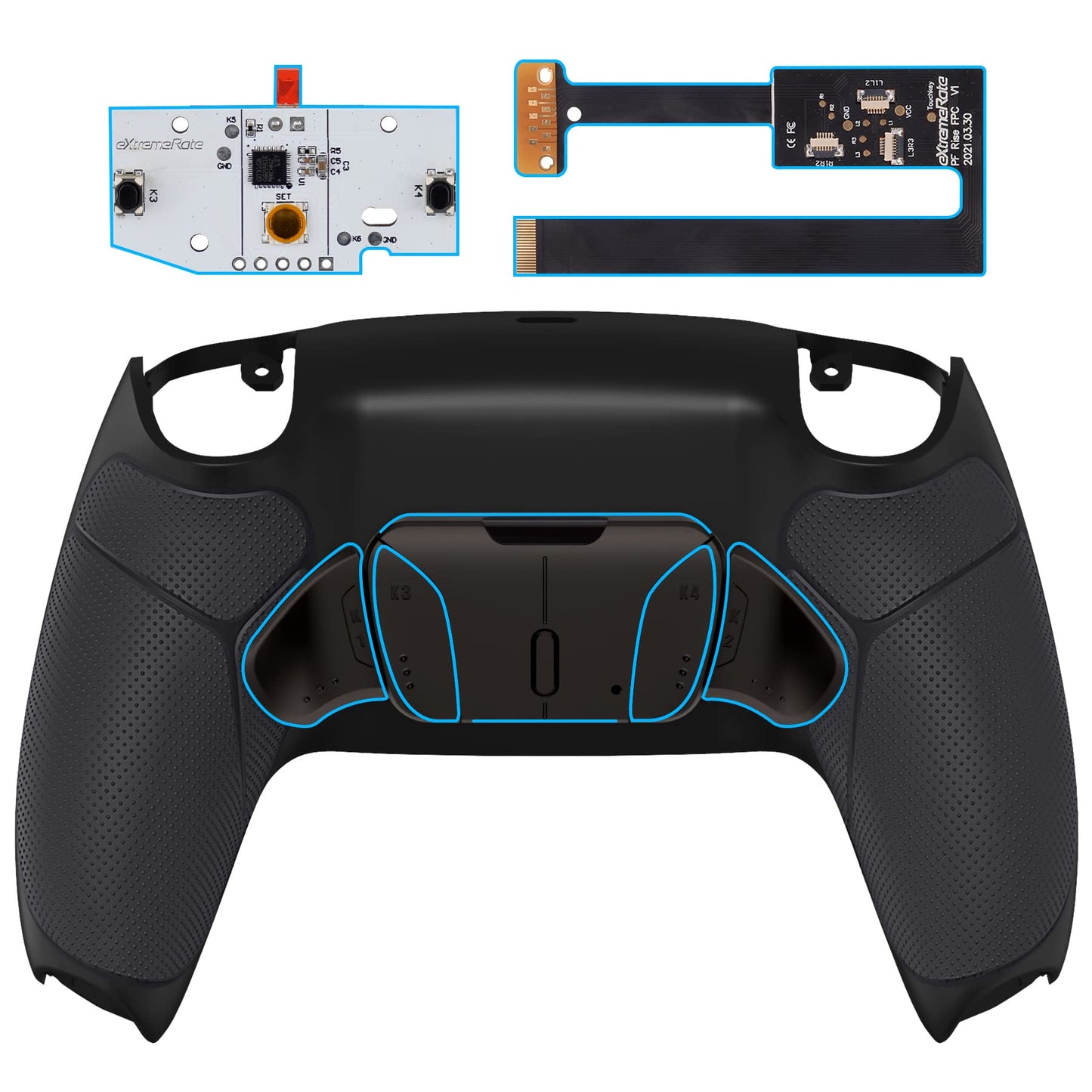 eXtremeRate Black Real Metal Buttons (RMB) Version RISE4 Remap Kit for PS5 Controller BDM-010 020 with Black Rubberized Grip Redesigned Back Shell Upgrade Board and 4 Back Buttons for PS5 Controller