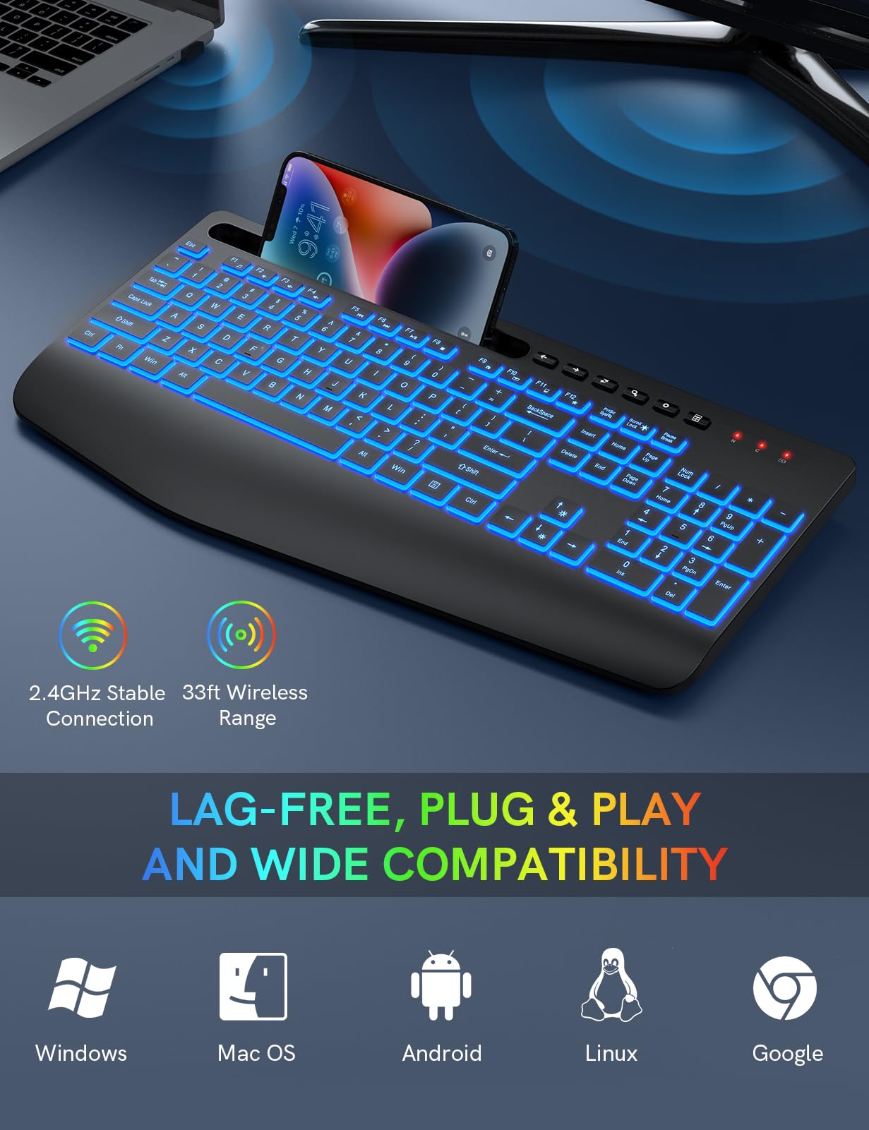 Trueque Wireless Ergonomic Keyboard - Rechargeable with 7 Backlit Colors, Silent Keys, Phone Holder, Black