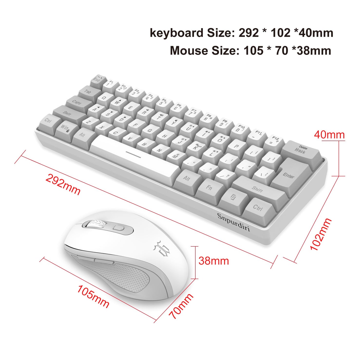 Snpurdiri Wireless Gaming Keyboard and Mouse Combo, Mini 60% Mechanical RGB, Ergonomic Vertical Mouse, Grey White Combo, Small Large