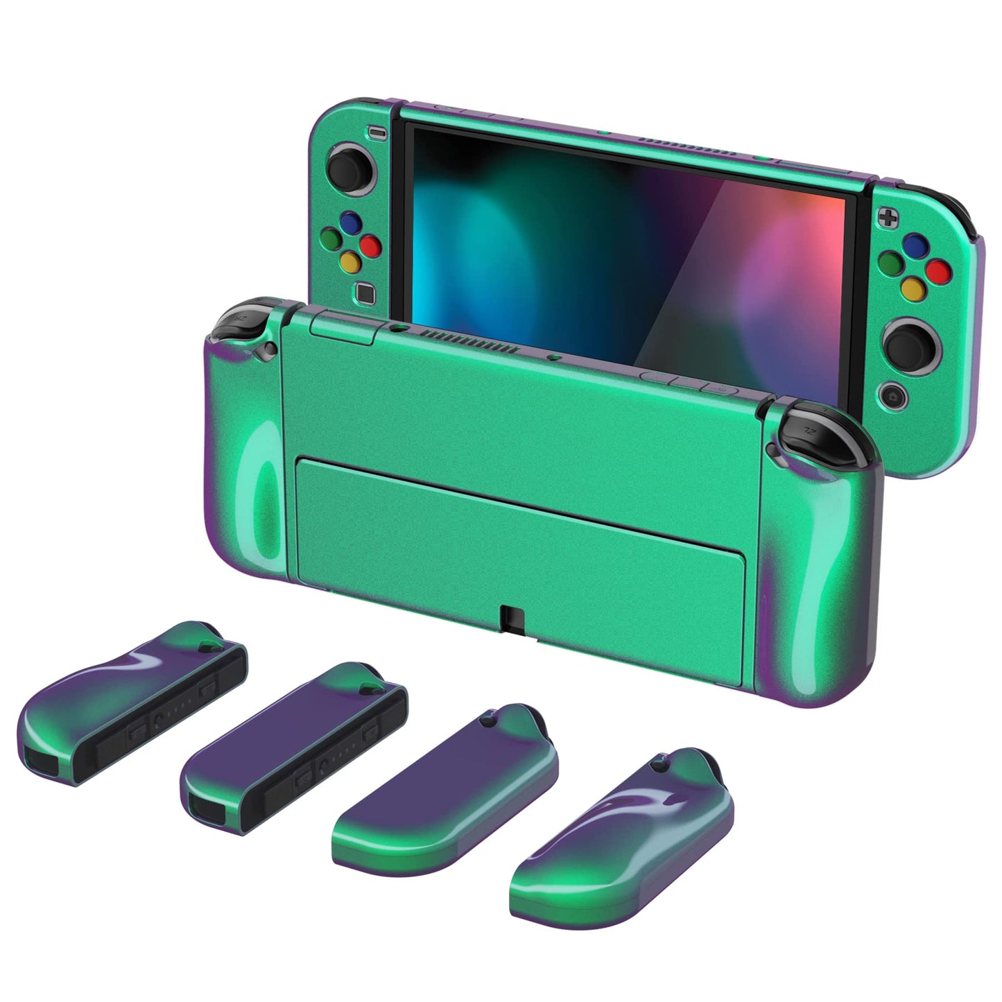 PlayVital AlterGrips Protective Case for Nintendo Switch OLED Dockable Grip Cover for Nintendo Switch OLED Joycon w/Thumb Grips & Button Caps - Glossy Chameleon Green Purple