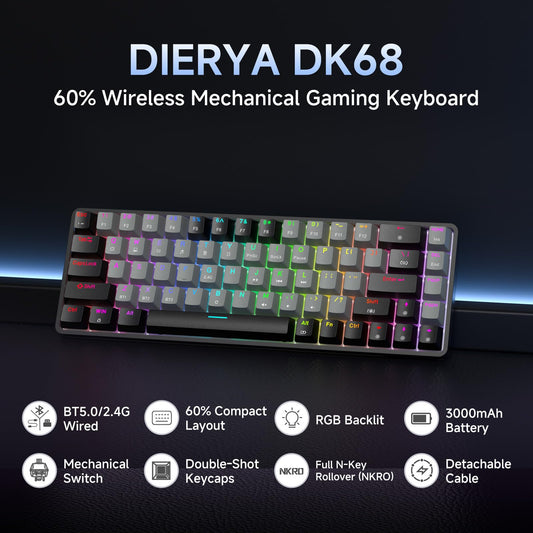 DIERYA DK68 60% Wireless Mechanical Gaming Keyboard, RGB Backlit, Quiet Red Switch, Black/Grey