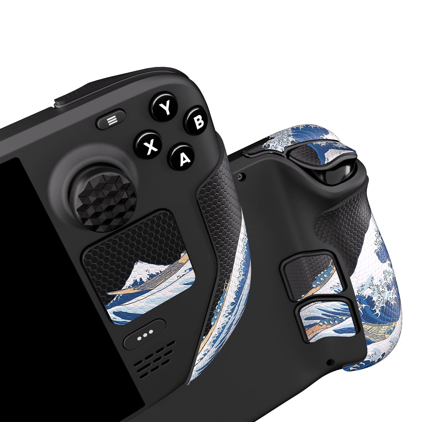 PlayVital Professional Textured Soft Rubber Pads Handle Grips for Steam Deck LCD & OLED Trackpads Skin Grip Enhancement Back Button Protective Stickers Set with Thumb Grip Caps - The Great Wave