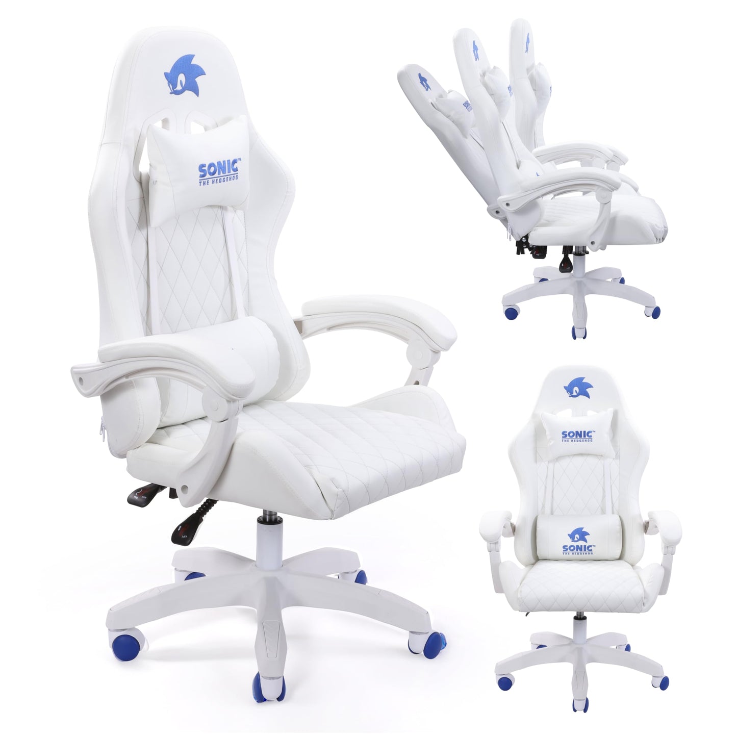 Sonic the Hedgehog Gaming Chair - fine PU Leather Reclining Armrest Class 4 Gaslift Adjustable 90-135 Degrees Stylish Design for Adults and Teens 260+ Lbs Capacity Blue-White Caster
