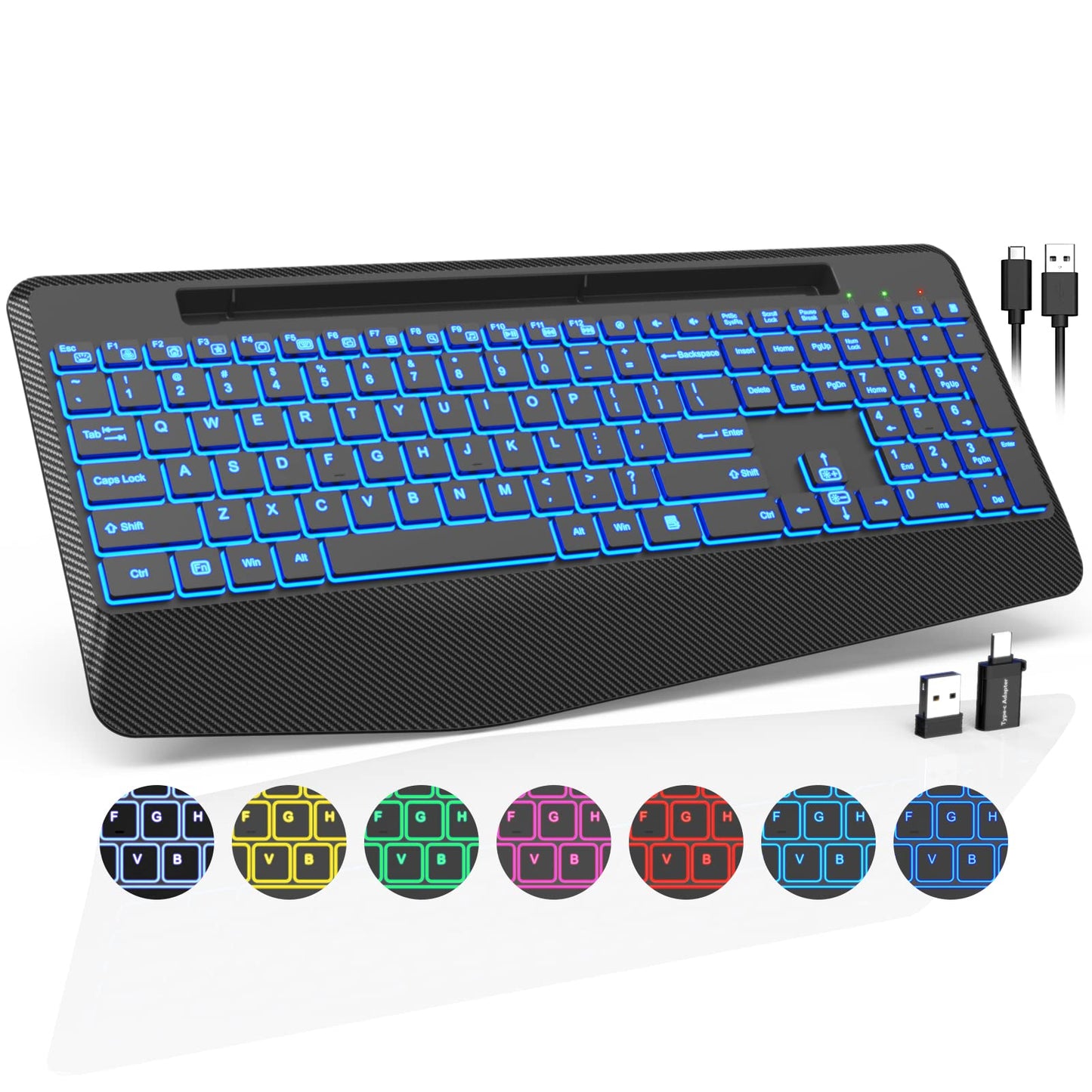 Trueque Wireless Ergonomic Keyboard - Rechargeable, Silent Keys, 7 Backlit Colors, Full Size, Black