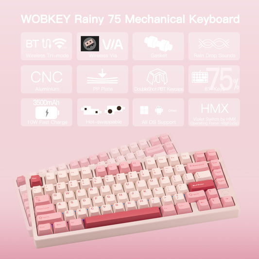 KEEBMONKEY Mechanical Keyboard - Rainy 75, Triple-Mode, RGB, 3500mAh, Violet Switch, Standard - Pink