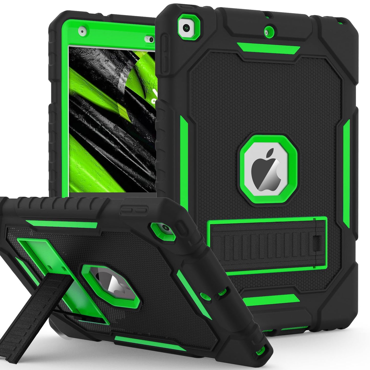 ZoneFoker Case for iPad 9th/8th/7th Generation 2021/2020/2019(10.2 inch) Heavy Duty Military Grade Shockproof Rugged Protective 10.2 Cover with Built-in Stand for iPad 9 8 7 Gen (Black+Green)