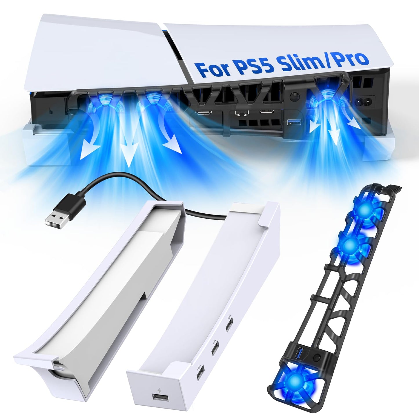FASTSNAIL Horizontal Stand & Cooling Fan for PS5 Pro/Slim Console Auto Fan Speed by Temperature and Controller Charger Station Efficient Cooling System with 3 Fans 2 USB 3.0 3 USB 2.0 Port Hub