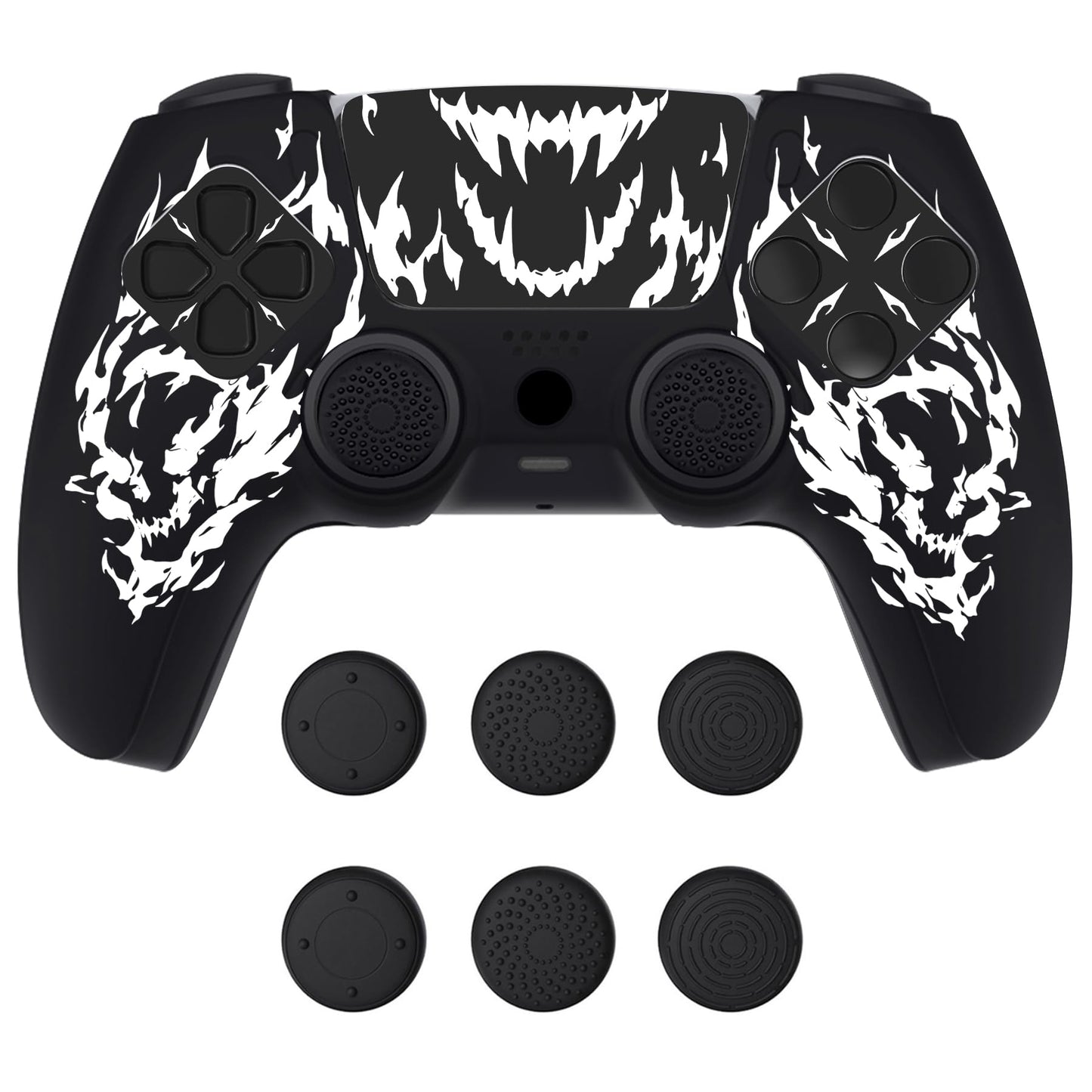 PlayVital Design for PS5 Controller Skin Cover Fit with Charging Station - Anti-Slip Silicone Controller Grip Case for PS5 with 6 Thumb Grip & Sticker Pure Series Dockable Model - Carving Fire Skull