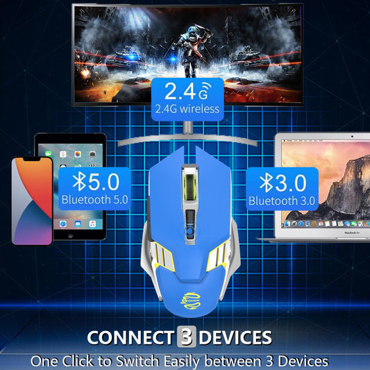 SHUNJINRUN Blue Wireless Gaming Mouse - Bluetooth, 2400 DPI, RGB Backlit, Silent Multi-Device, Rechargeable for Laptop & PC