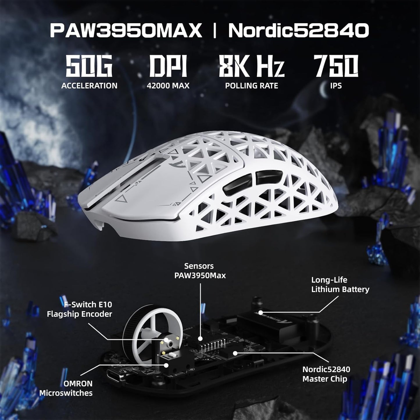 ATTACK SHARK R5 Ultra Wireless Gaming Mouse - 39g Superlight, 42K DPI, Carbon Fiber, White, BT/2.4G/USB-C