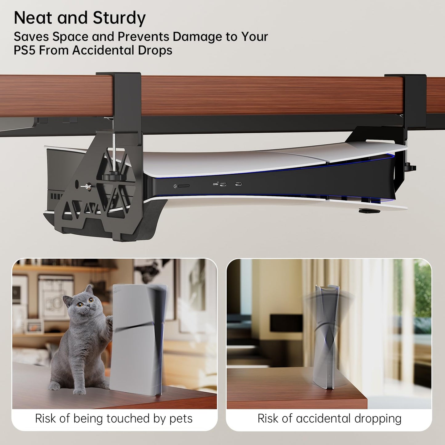 Hosanwell PS5 Under Desk Mount - No-Drill Clamp for PS5 & PS5 Slim, Model HOS-PS5, Includes Clamps, Screws, EVA Foam