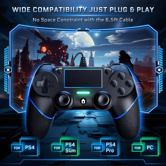 DIANVEN PS4 Wired Controller for PC - Double Vibration, Motion Motors, Compatible with Windows 11/10/8/7, Black/Blue